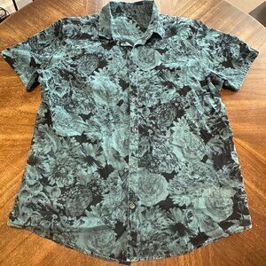 INC Button Up Shirt Mens XL Black Teal Floral Print Short Sleeve